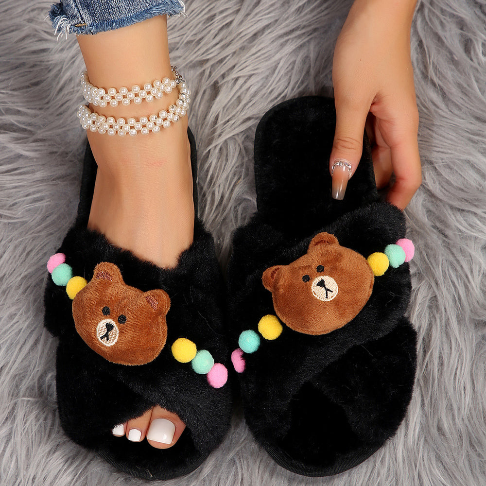 plus size fur slippers for women 2024fall and winternew arrivalflats home indoor and outdoor wear cross cartoon cotton slippers