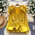 European and american fashion v-neck ruffle trim long sleeve blouse - women's  autumn high-end slim fit ruffle hem top