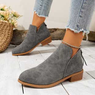 Fashionexportplus size leather boots women's boots pure colorslimming look pointed toe back zipper casualthick sole thick heel boots women's single