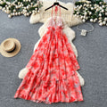 Frenchsexy deep v neck halter dress women's summer waist elegant ruffles large swing printing long skirt