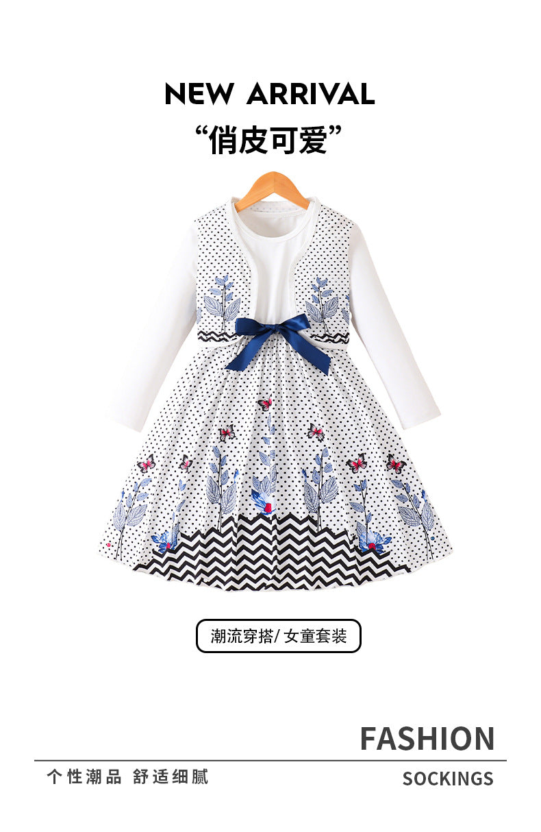 Girls' autumn dress set: white tank dress with long sleeves and cute polka dot print - two-piece outfit for export