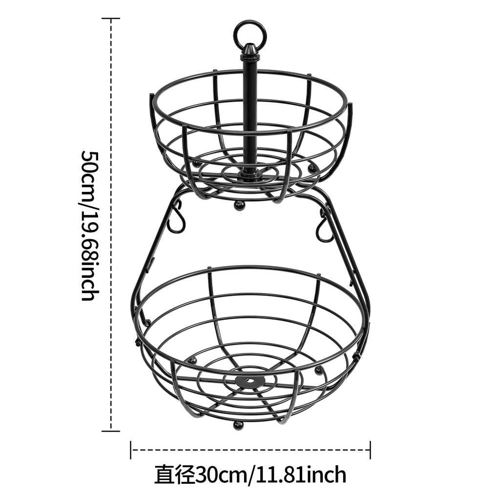 Double-layer fruit basket, living room desktop snack storage basket, portable fruit plate, banana hook, wrought iron removable fruit and vegetable basket