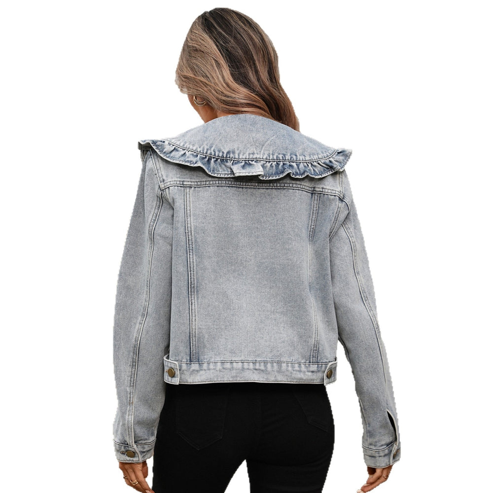 Wish cross-border new european and american  women's casual jacket long sleeve peter pan collar denim jacket long sleeve cropped style