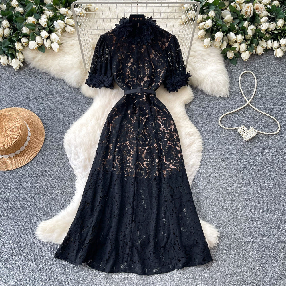 French romantic pink lace dress - women's summer high-waisted a-line maxi dress - commute-friendly, elegant, and chic