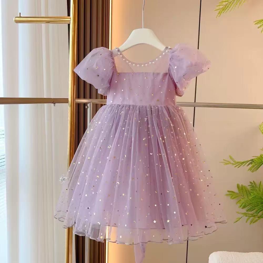 korean style princess dress for girls, summer party dress, baby girl puff sleeve mesh sequin dress for little girls