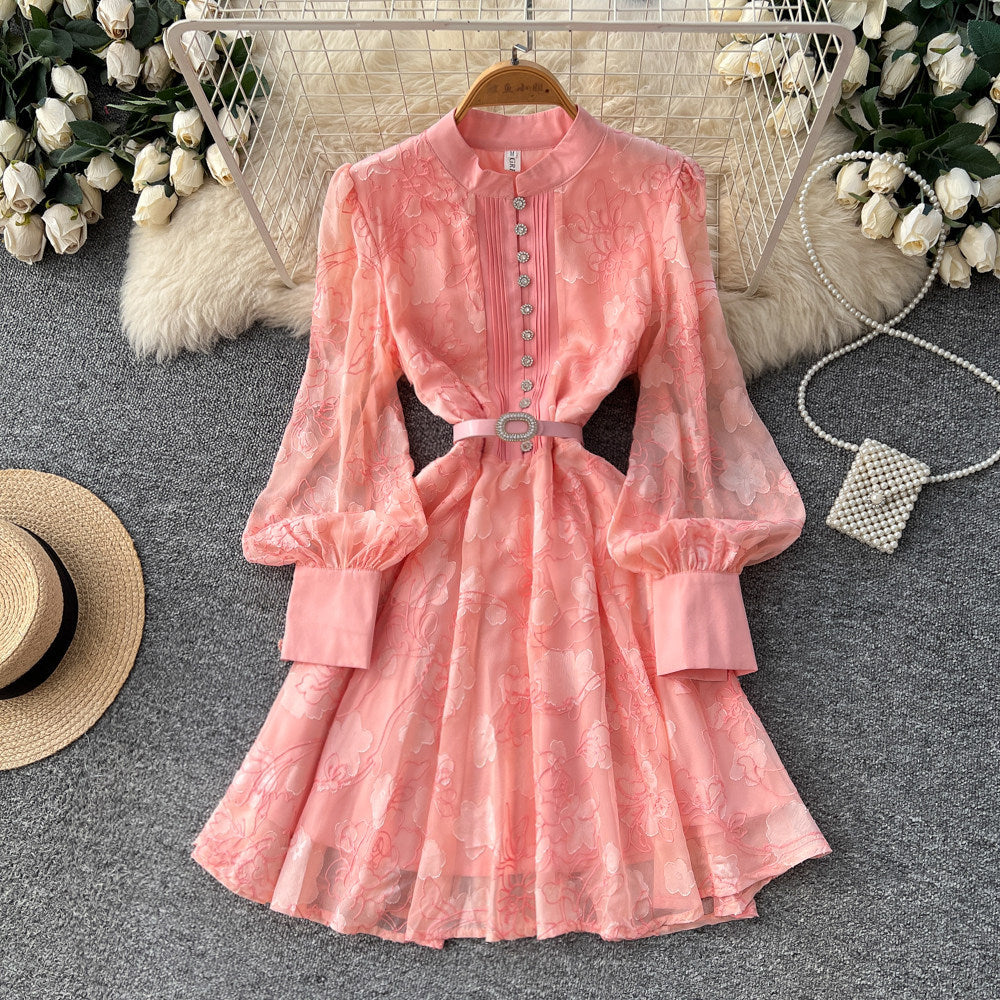 French style court lantern sleeve embroidered dress - women's spring/summer cinched waist cutout single-breasted a-line dress - elegant