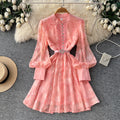 French style court lantern sleeve embroidered dress - women's spring/summer cinched waist cutout single-breasted a-line dress - elegant