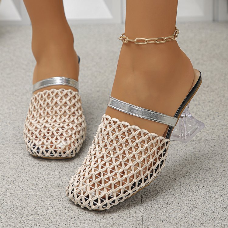 Export cross-border baotou thick heel sandals 2026 summer new arrivalfashioneasiest for matchcut out woven high heel sandals for women