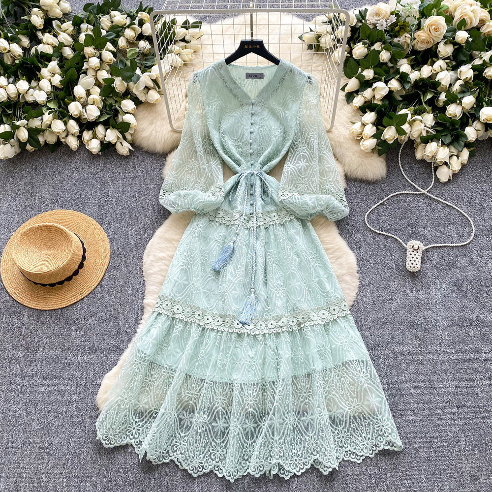 French chic high-end elegant dress - women's premium tie-waist lantern sleeve embroidered mesh a-line midi dress