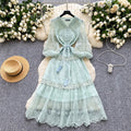 French chic high-end elegant dress - women's premium tie-waist lantern sleeve embroidered mesh a-line midi dress