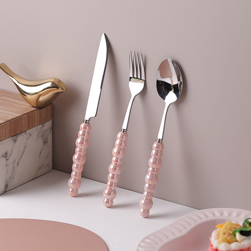 Light luxury style ins knife, fork, spoon, pearl handle, stainless steel tableware, creative fork, household high-looking mooncake knife and fork
