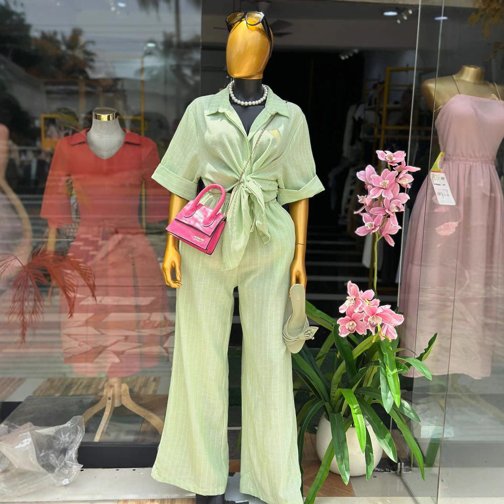 European and american cross-border women's fashion:  summer new arrival - stylish turn-down collar striped loose-fit short-sleeve shirt and high-waisted pants set