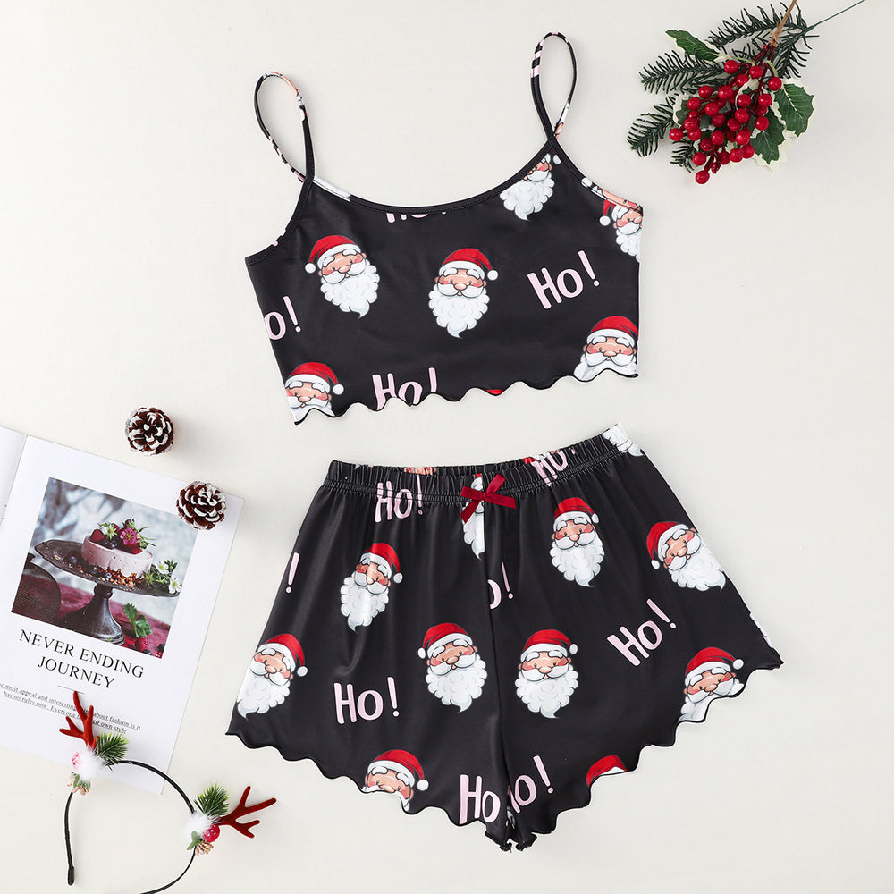 hot-selling christmas european and american style thin pajamas simple printed suspender milk silk shorts sexy two-piece set