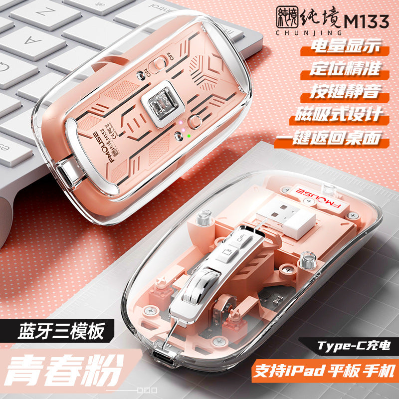 Tiger cat m133 wireless bluetooth tri-mode transparent mouse - rechargeable, low profile, ideal for women, tablets, laptops, and office use