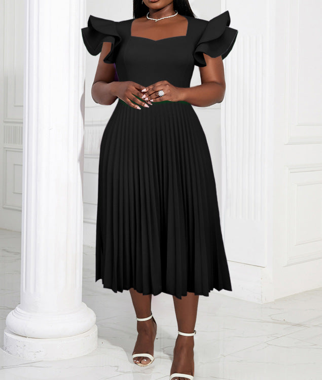 Am030117spring & fall purple square neck dress eleganceelegantcasualwork clothingpleated skirt dresses