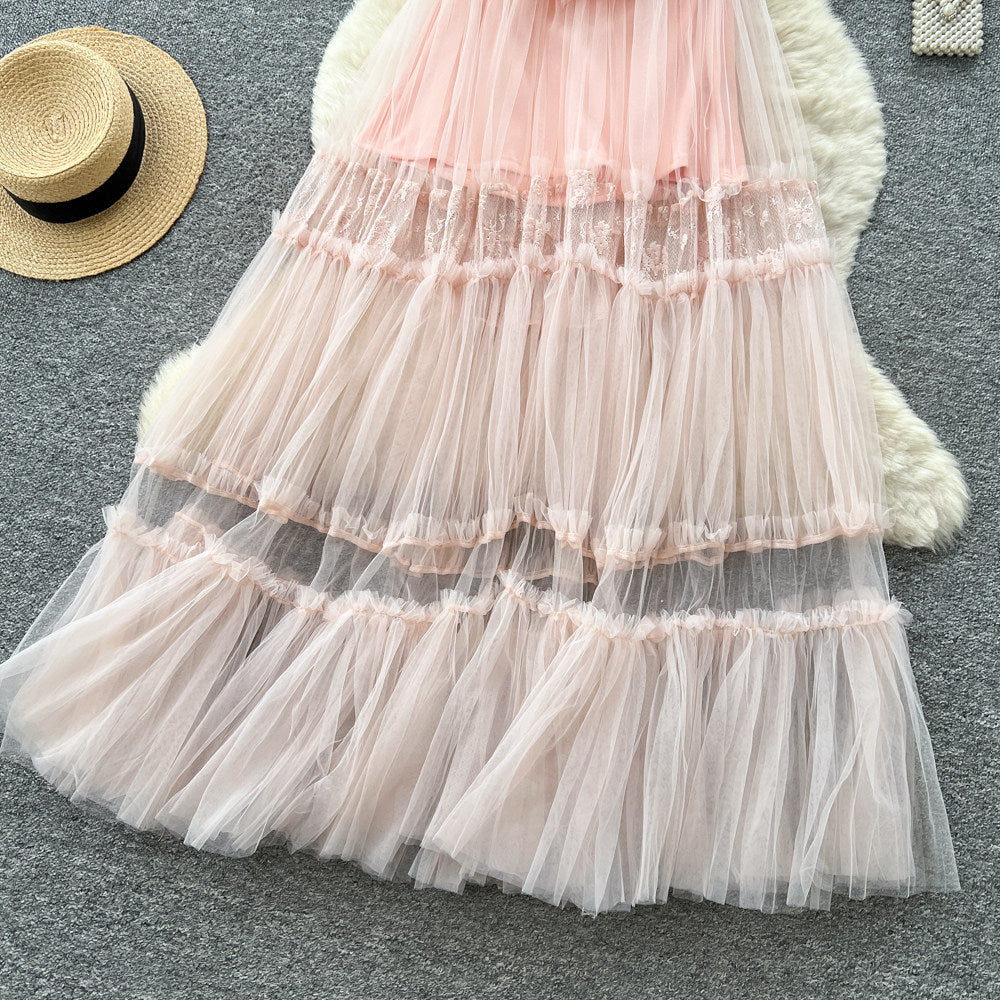 Fairy styletube tophalterlacepatchworkdress women's summer sleeveless high waist large swing long skirt sense of design waist skirt