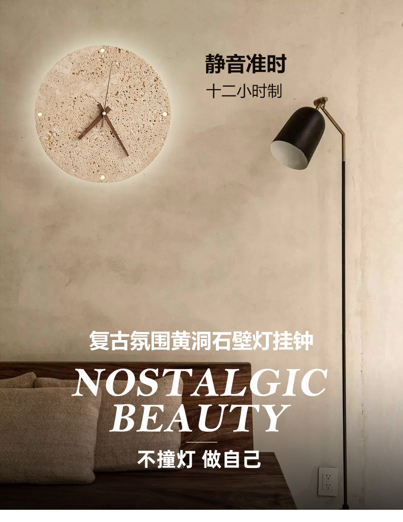 Wholesale clocks and watches Yellow travertine Bedroom bedside wall lamp Round clock Staircase Japanese-style wabi-sabi living room ambient light
