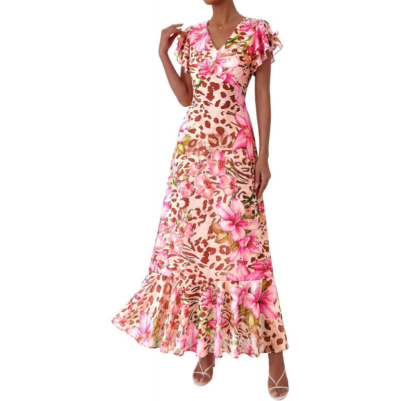 Summer floral maxi dress  spring short sleeve ruffle v-neck flowy bohemian beach vacation sundress