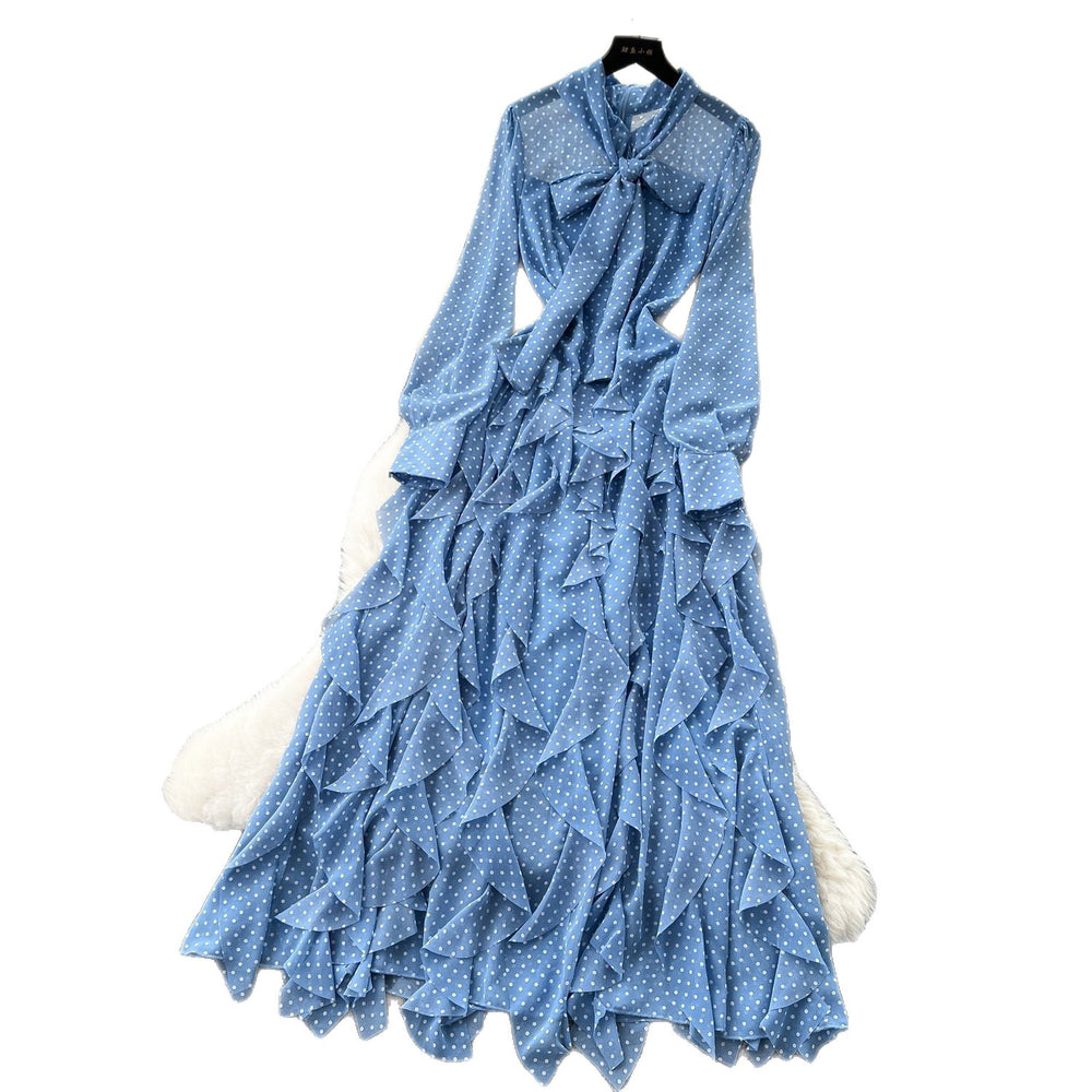 Sophisticated chic: women's polka dot maxi dress with bow tie, asymmetrical ruffle hem - autumn  collection