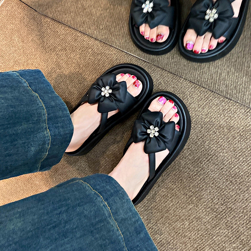 Summer fairy style outdoor slippers - comfortable, versatile, rhinestone clover design, soft sole, fashionable, minimalist, women's platform slippers