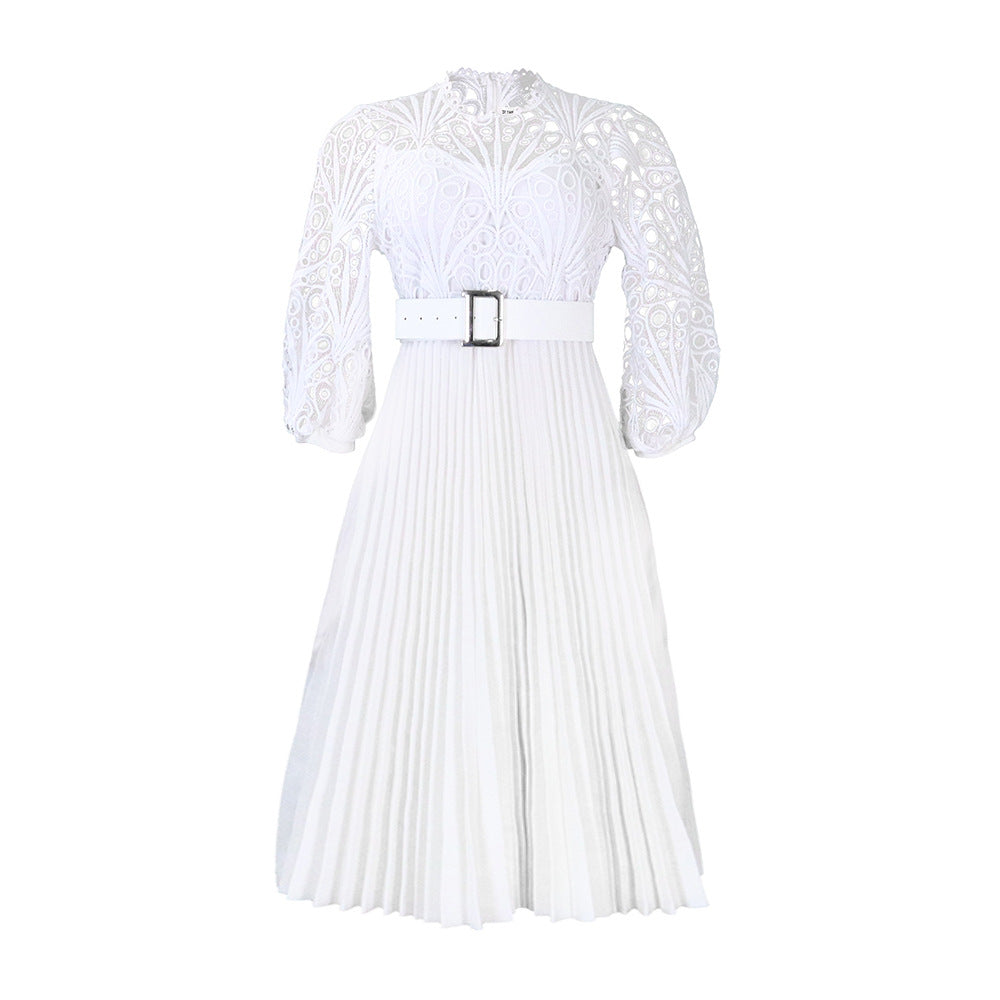 Amazon foreign trade women's clothing  new fashion plus size lace crochet sexy hollow-out pleated european and american style dress