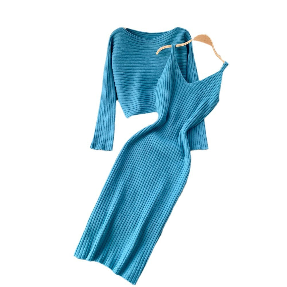 Hong kong style retrochicshortknitting shirt tops suspender v neckelegant hip-hugging dress layered two-piece set