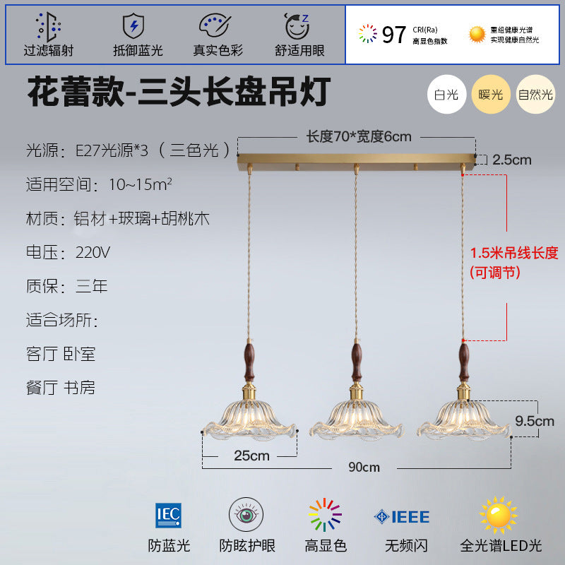 French Internet celebrity three head restaurant lights retro Japanese aluminum glass chandelier walnut dining room dining table bar lighting