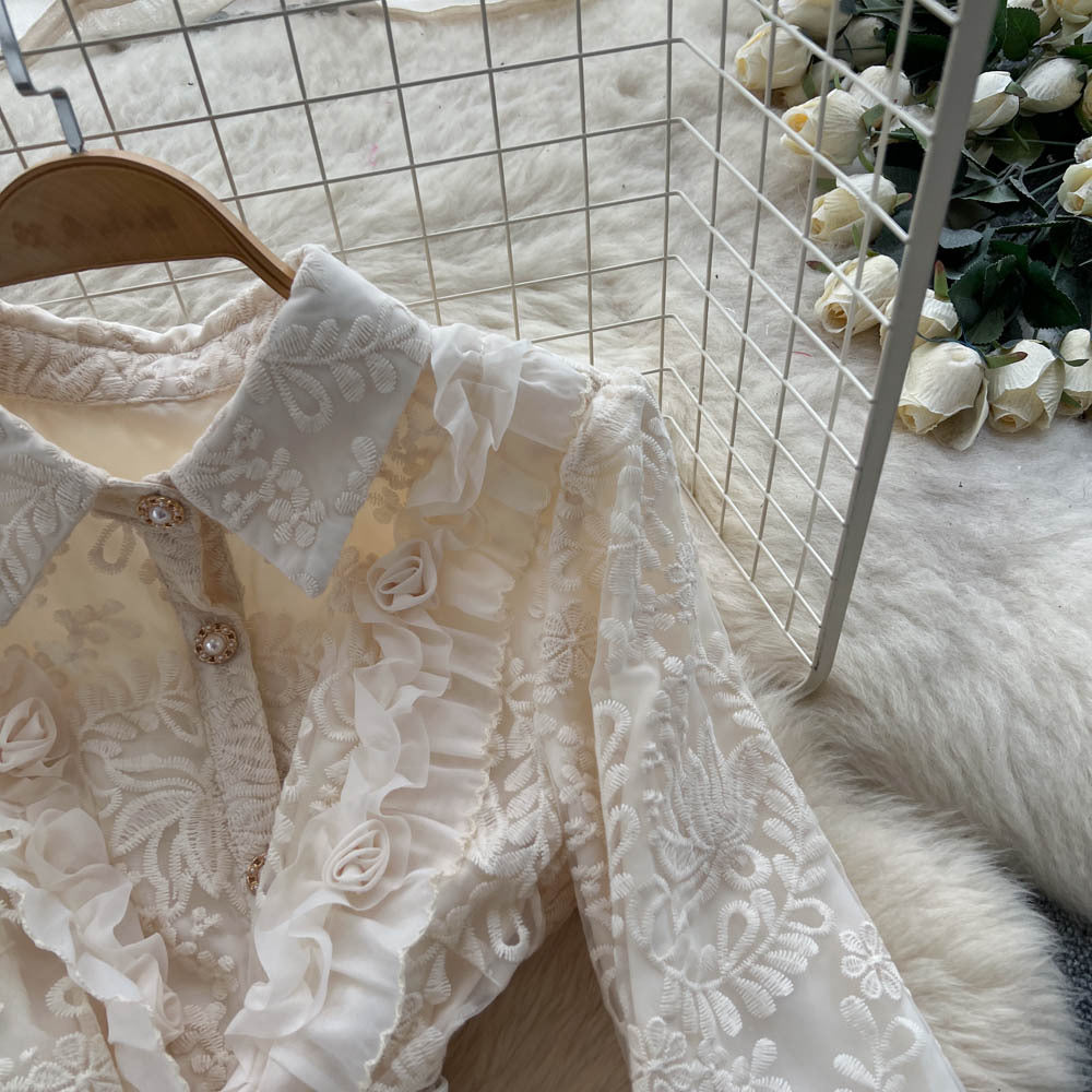 French chic elegant high-end embroidered mesh dress - women's autumn tie-waist single-breasted maxi dress