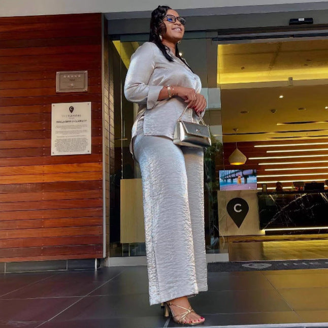 European and American large-size women's clothing long-sleeved lapel solid color cardigan shirt high waist wide-leg trousers African foreign loose suit