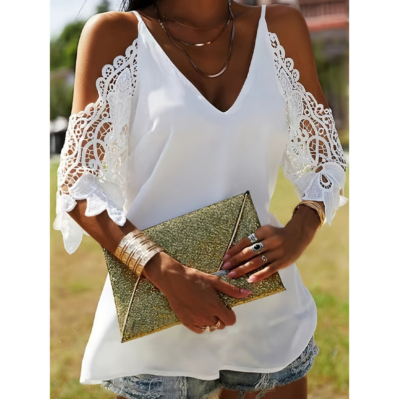 summer new european and american style lace off-the-shoulder v-neck camisole loose casual top women's clothing