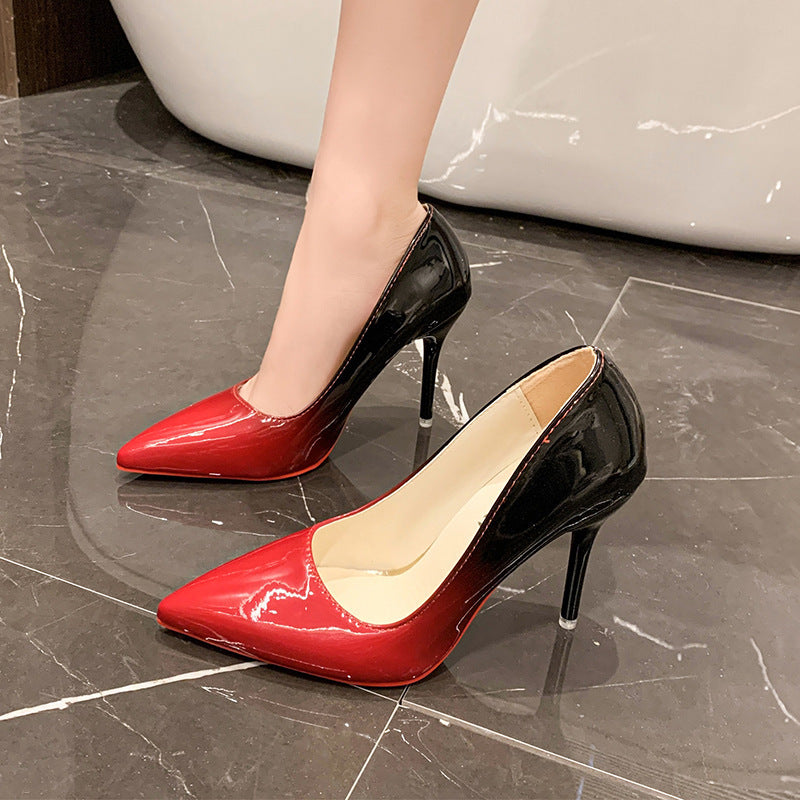 Plus size women's fashion high heels, stiletto heel 6-8cm, color block pointed toe work shoes, patent leather fashion pumps