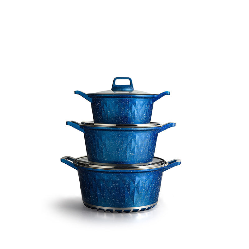 Customized die-cast six-piece diamond style medical stone non-stick aluminum pot soup pot frying pan for home kitchen utensils