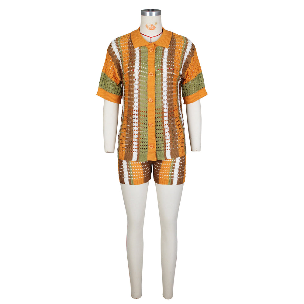 <vip客户>European and american style sexy women's cutout see-through color block turn-down collar knit shorts set</vip客户>