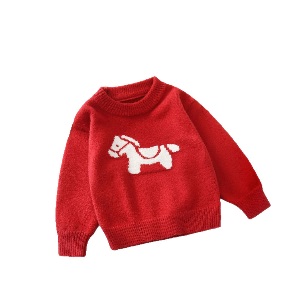 Kidssweater horse year ben ming nian red knitting shirt  fall and winter new arrivalchildren's clothing festive new year's greetings