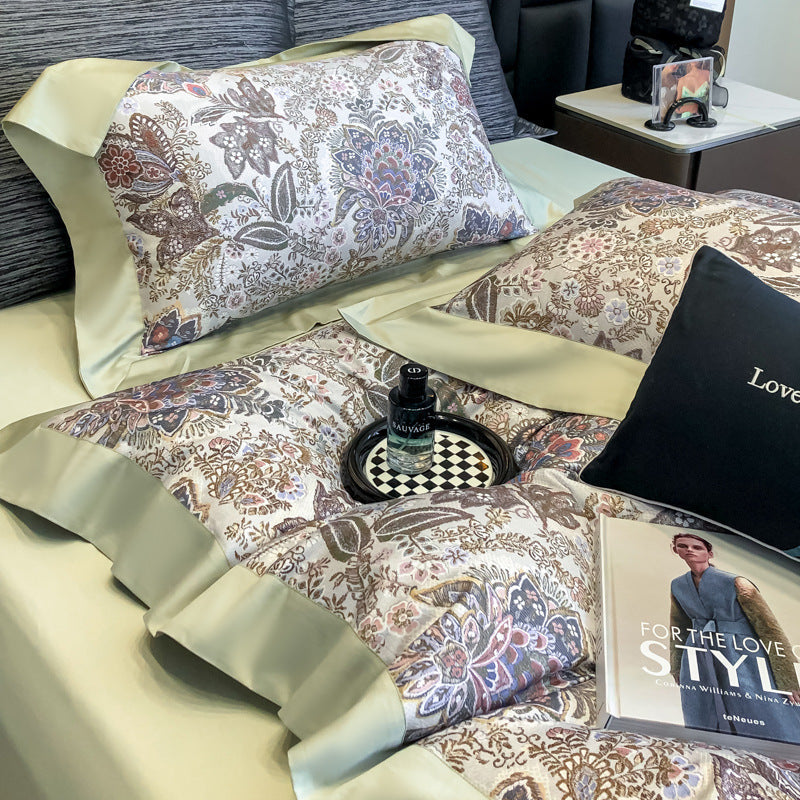 Spring and summer light luxury high-end 100s long-staple cotton printed bed four-piece set pure cotton wide-edge quilt cover cotton bed sheet 4