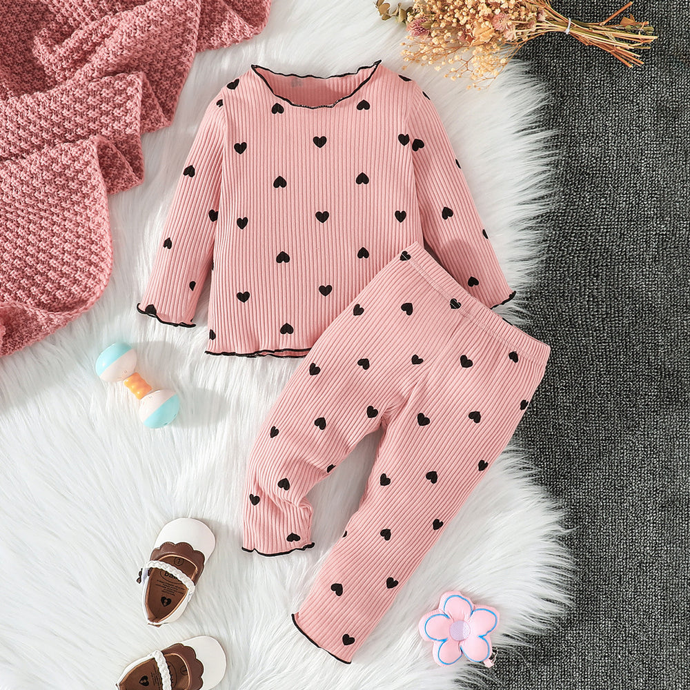 cross-border fashion baby & toddler valentine's day new collection: solid color ribbed knit heart print long sleeve two-piece set - ready stock wholesale