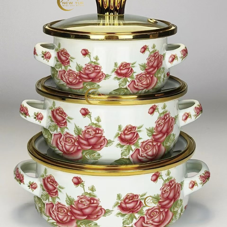 Factory direct sales cross-mirror hot-selling enamel large 3pcs pot set, high-quality soup pot, double-ear soup pot, high-quality pot set