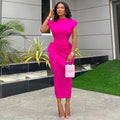 European and american cross-border women's fashion:  summer new arrival - stylish short-sleeve solid color ruched hem slim-fit midi dress