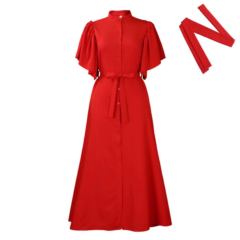 D3270   summer fashion bell sleeves single breasted belt waist loose long skirt export dress
