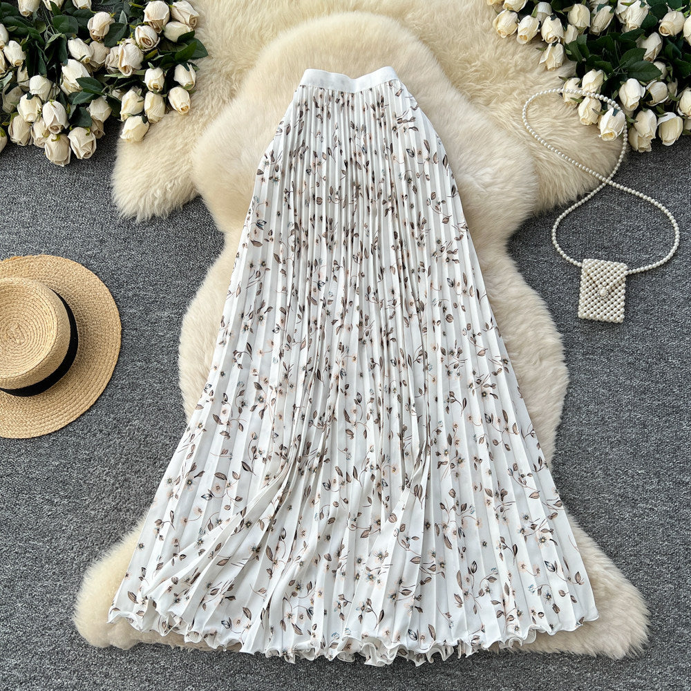 K-style floral high waist elastic waist a-line pleated skirt women's spring summer mid-length skirt slimming look large swing work clothing skirt