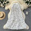 K-style floral high waist elastic waist a-line pleated skirt women's spring summer mid-length skirt slimming look large swing work clothing skirt