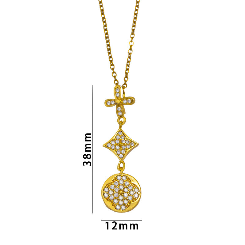 【titanium steel】elegant and high-end full diamond real gold exquisite micro-paved four-leaf clover necklace - women's fashion trendy clavicle chain