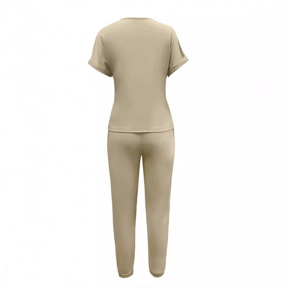Amazon cross-border e-commerce fashion casual women's solid color crew neck top and multi-pocket pants set - versatile style