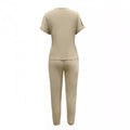 Amazon cross-border e-commerce fashion casual women's solid color crew neck top and multi-pocket pants set - versatile style