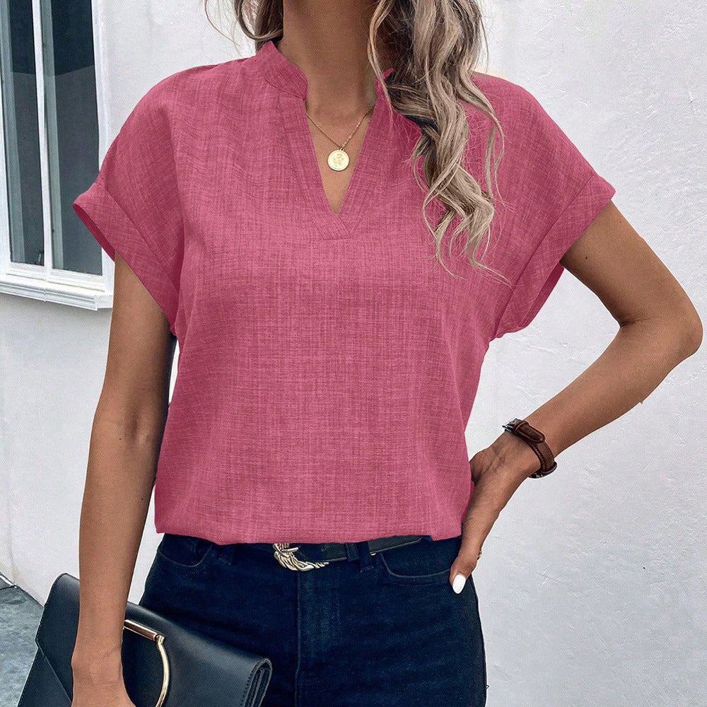 European and american cross-border women's fashion:  summer new arrivals - minimalist chic v-neck short-sleeve linen blouse/shirt for women