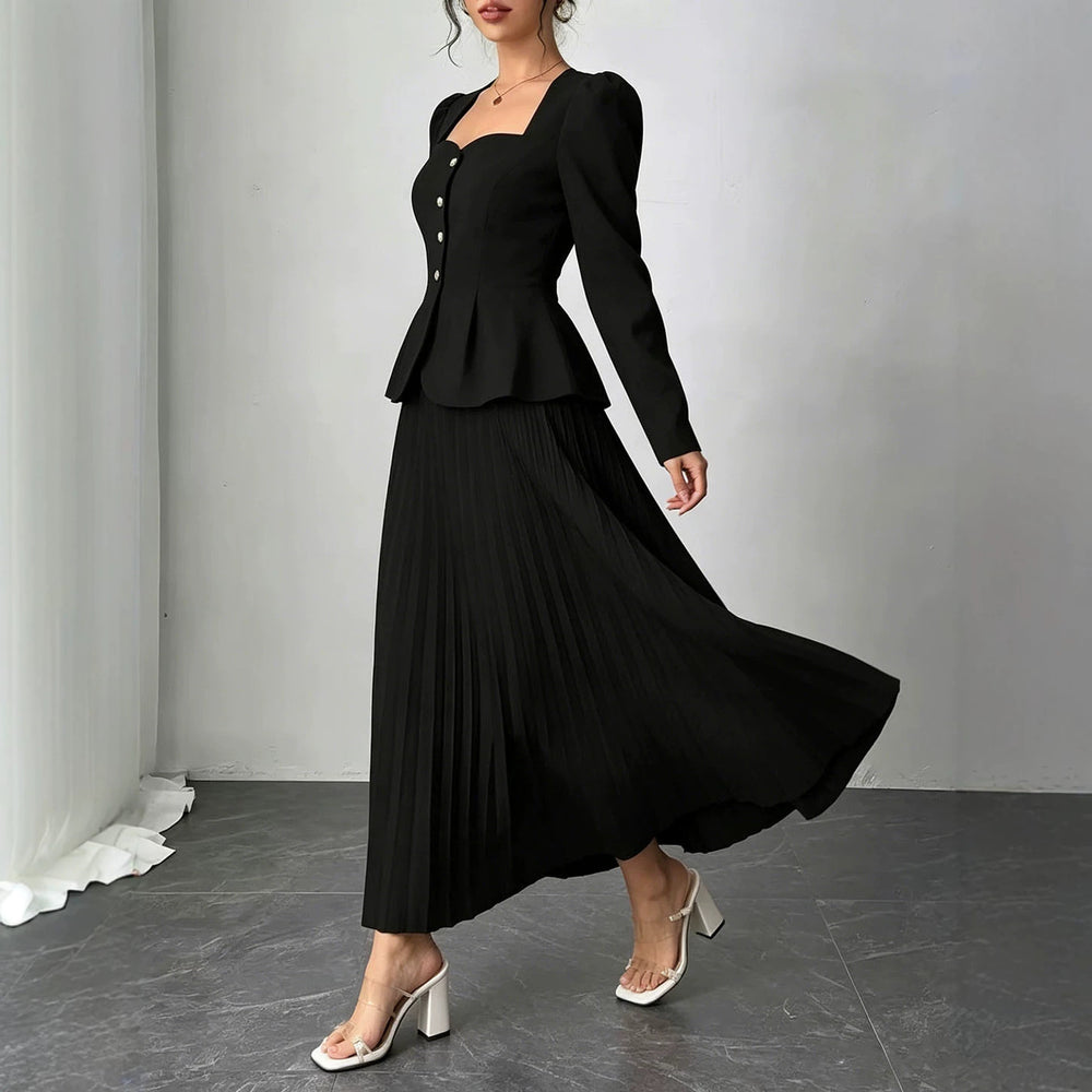 fashionsummernew arrival square collar waist suit long sleeves topspleated long skirtelegant two pieces
