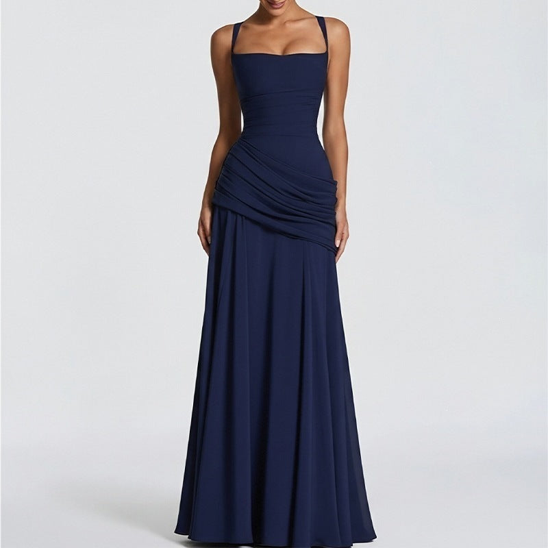 european and american summer new arrival: cross-border women's fashion - elegant solid color sleeveless cinched waist swing dress with spaghetti straps