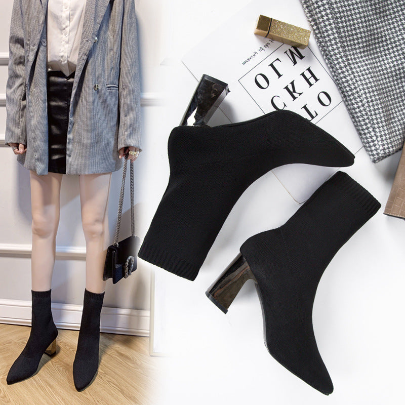 Women's black ankle boots - warm, comfortable, and stylish pointed-toe heels - casual chunky heel single shoes