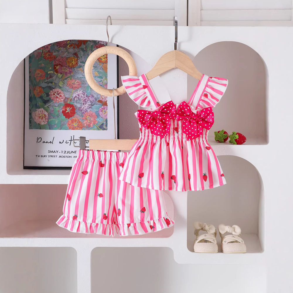 Baby cute style summer outfit: double-layer flutter sleeve top with double bows & elastic waist strawberry shorts set for toddlers