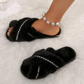 Plus sizenew arrival cross-top fur slippers for women home indoor and outdoor flats rhinestone flip-flops wooden floor cotton slippers